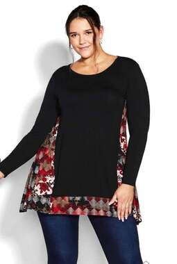 NWT Avenue Womens Plus Size 18 Black Rust Printed Long Sleeve Tunic Top